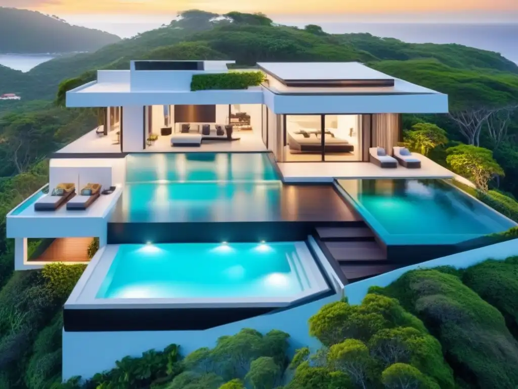 Villa de lujo con vista panorámica en entorno paradisíaco Villa de lujo moderna con diseño arquitectónico elegante, rodeada de vegetación exuberante y con vista al mar turquesa