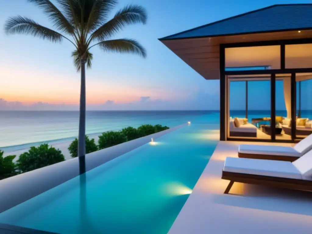 Villa de lujo frente al mar con vistas espectaculares al atardecer Villa moderna de lujo en la playa con vista al mar y piscina infinita privada al atardecer