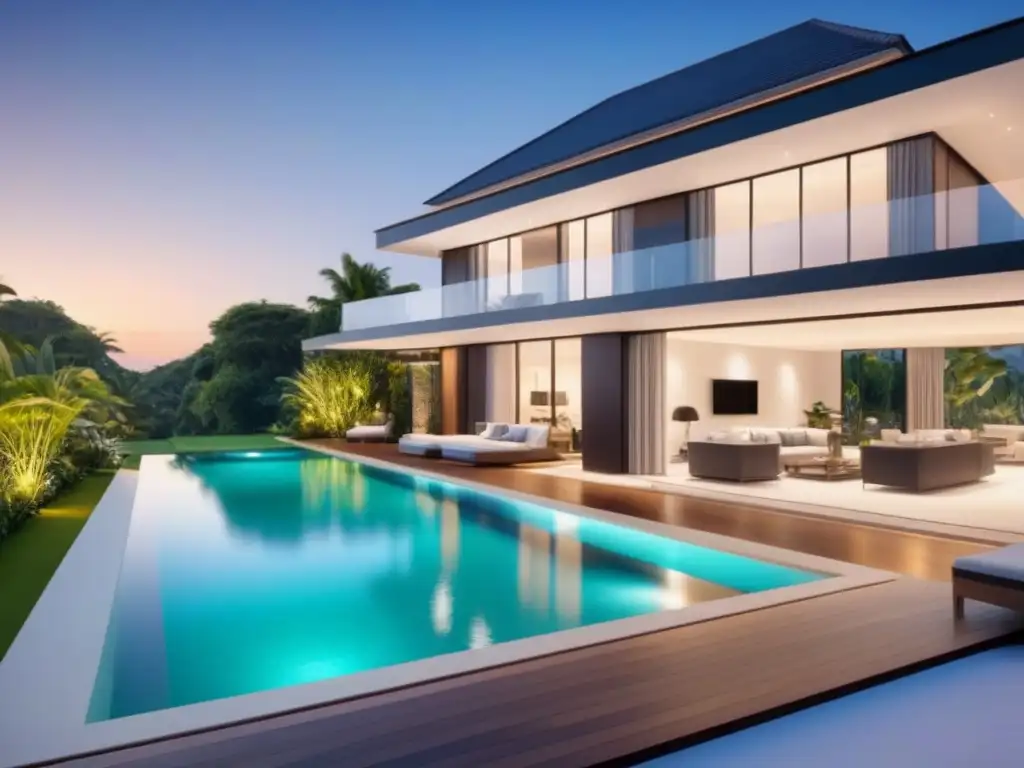 Villa de lujo: diseño sofisticado y exclusividad Villa moderna de lujo rodeada de exuberante vegetación y una piscina reluciente, reflejando elegancia y exclusividad
