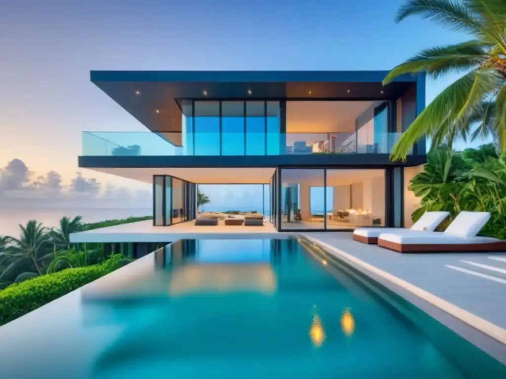 Villa moderna frente al mar con diseño arquitectónico elegante, ventanales panorámicos, infinity pool privada y vegetación exuberante bajo cielo azul