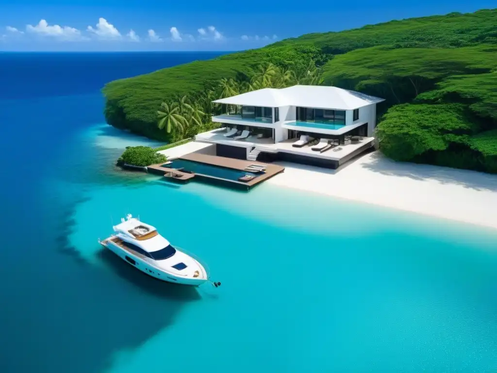 Villa de lujo en paraíso tropical con piscina infinita y muelle privado Villa moderna con piscina infinita y yate en destino tropical