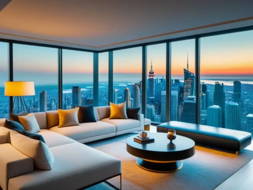Narración virtual propiedades inmobiliarias: Sala de estar moderna y lujosa en un apartamento de altura con vista a la ciudad