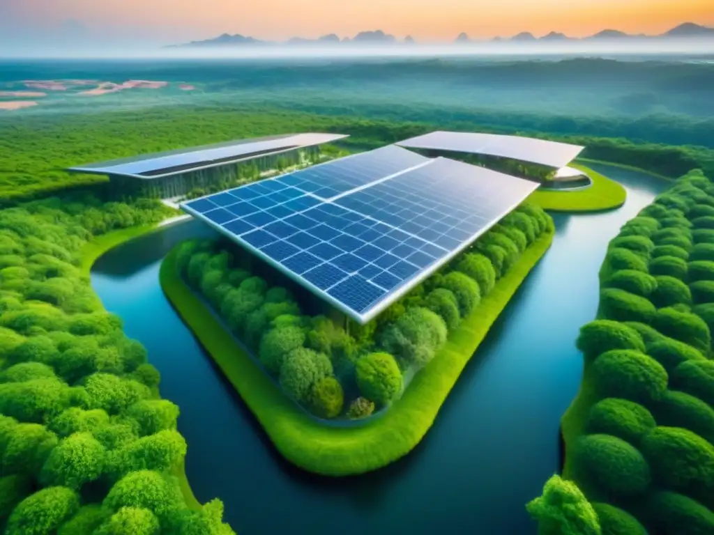 Complejo arquitectónico sostenible: visión futurista verde Una visión aérea impresionante de un complejo de construcciones sostenibles futuro inmobiliario con paneles solares, turbinas eólicas y vegetación verde