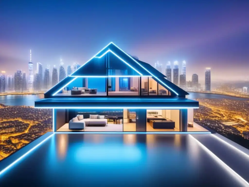 Blueprint futurista de casa transparente en ciudad nocturna Una visión futurista de una casa transparente sobre una ciudad nocturna vibrante, con luces de neón iluminando la arquitectura innovadora