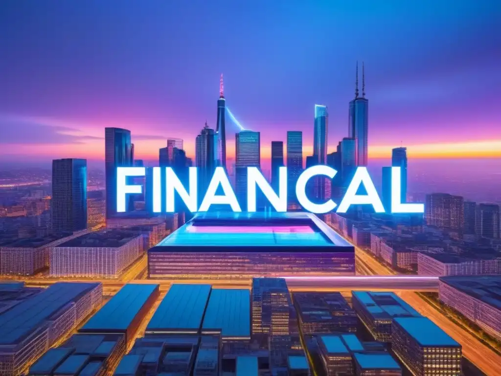 Horizonte futurista: Estabilidad financiera postcrisis Una visión futurista de la ciudad iluminada con luces neón, representando la recuperación de estabilidad financiera post crisis