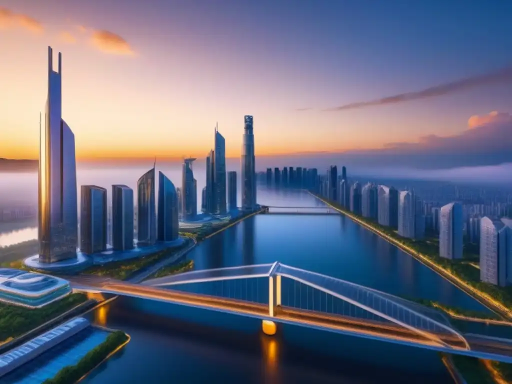 Metrópolis futurista: rascacielos modernos y naturaleza Una visión futurista de una ciudad con rascacielos modernos y naturaleza exuberante, ideal para 'Análisis predictivo aplicaciones inmobiliarias'
