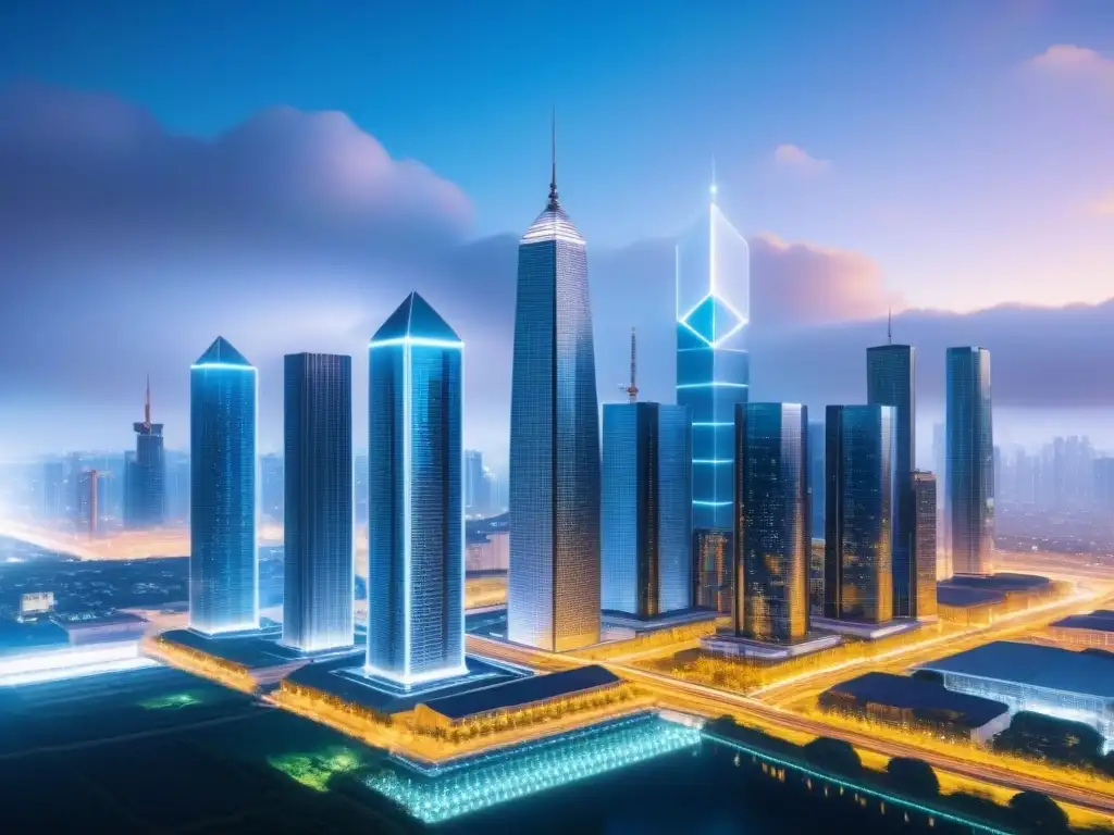 Metrópolis futurista: rascacielos unidos por blockchain brillante Una visión futurista de la ciudad con rascacielos, interconectados por patrones de blockchain brillantes, representando transparencia y confianza en el financiamiento inmobiliario