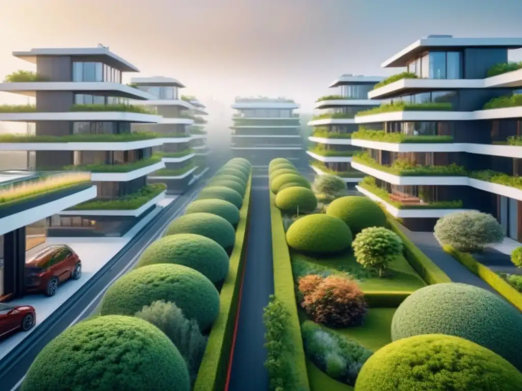 Complejo ecoamigable futurista: arquitectura sustentable en 8k Una visión futurista de un complejo habitacional ecológico, con arquitectura sostenible y espacios verdes