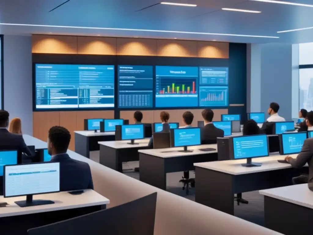 Salón de Clases Futurista: Finanzas y Realidad Virtual Una visión futurista de un salón de clases con tecnologías en cursos de financiamiento, donde estudiantes participan en simulación de realidad virtual