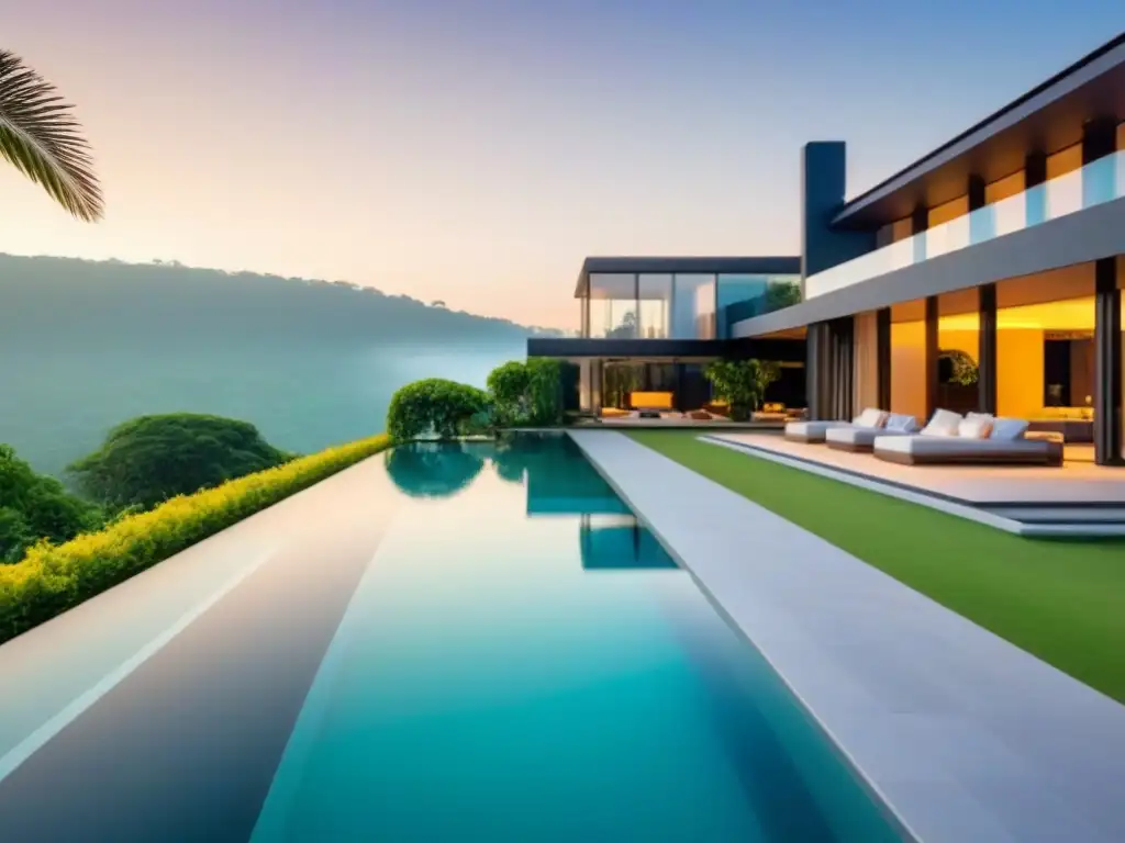 Residencia de lujo con piscina infinita y vistas al atardecer Visita a propiedades de lujo: Mansión moderna con arquitectura elegante, piscina infinita y exuberante vegetación al atardecer