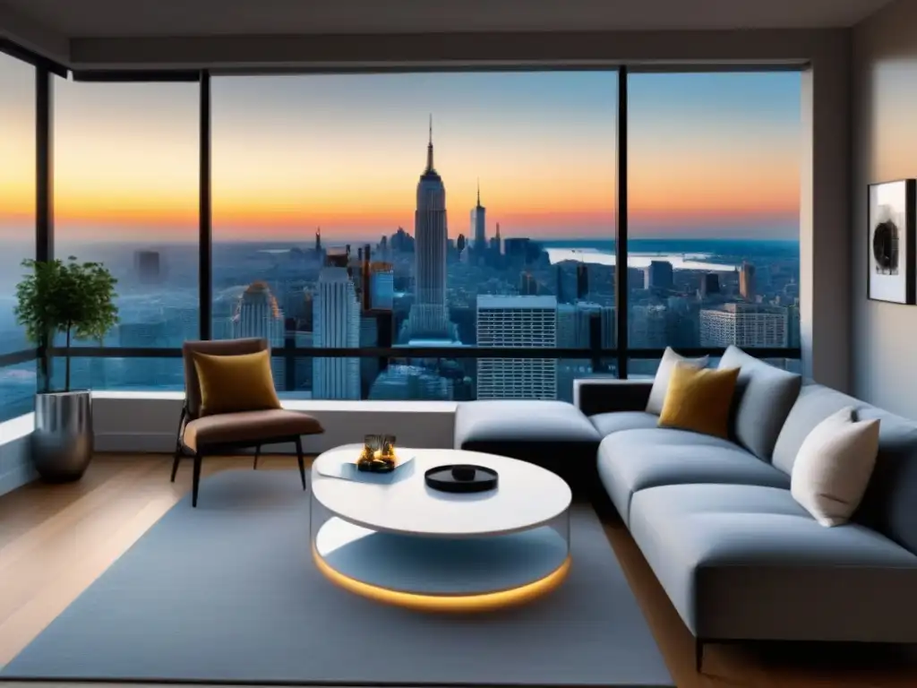 Sala de estar de lujo con vista panorámica al atardecer en la ciudad Visitas inmobiliarias virtuales 360°: Sala de estar moderna y lujosa con vista panorámica de ciudad al atardecer