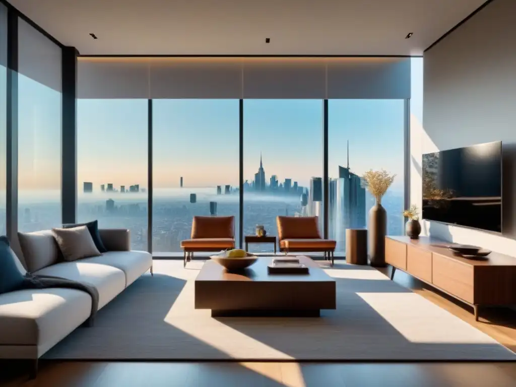 Salón moderno de lujo con vista panorámica de ciudad en 8k Visitas inmobiliarias virtuales 360° de sala moderna con vista panorámica a la ciudad, decorada con elegancia y luminosidad