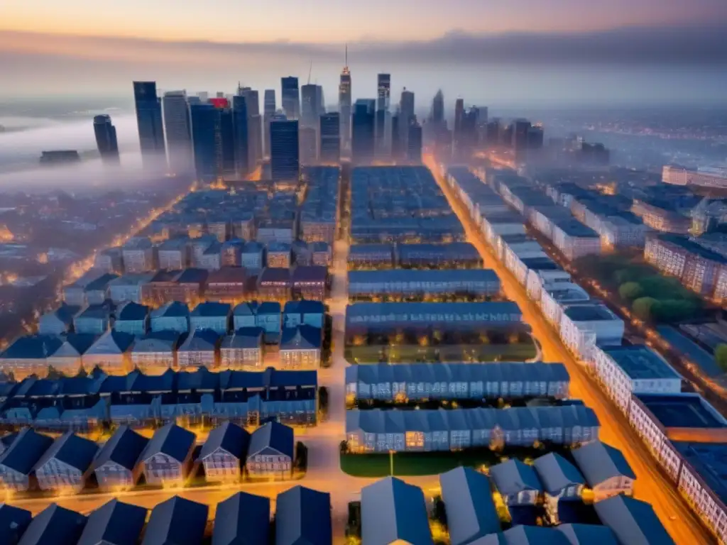 Transformación urbana: Fusión entre tradición y modernidad en la ciudad Vista aérea de alto impacto cambios legislativos mercado inmobiliario en un barrio, fusionando tradición y modernidad en la arquitectura
