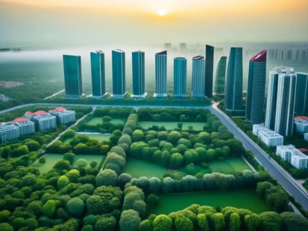 Contraste urbano-natural: esplendor inmobiliario en la ciudad Vista aérea asombrosa de ciudad con rascacielos, parques verdes y áreas residenciales