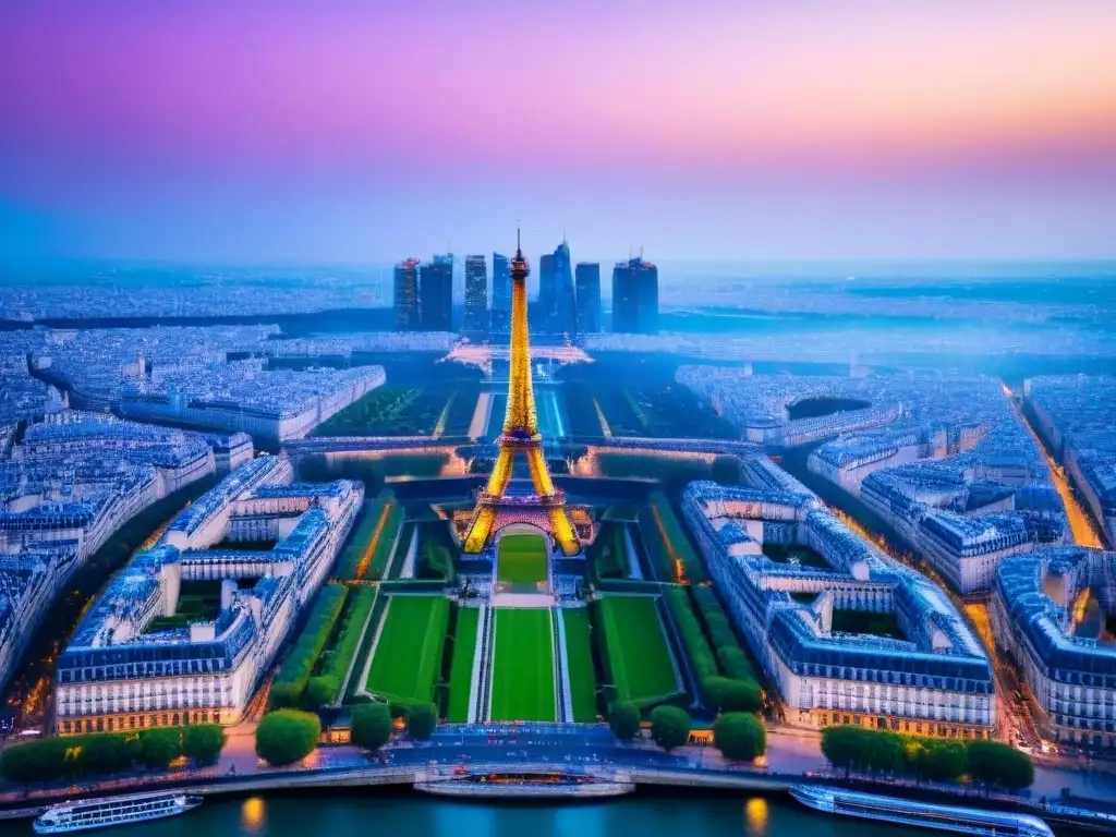 Espléndido atardecer en París: la Torre Eiffel y La Défense se alzan sobre el río Sena Vista aérea de París al atardecer con la Torre Eiffel iluminada, el río Sena y la moderna La Défense