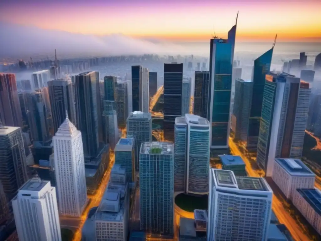 Modernidad urbana: skyline cumpliendo leyes inmobiliarias Vista aérea de una bulliciosa ciudad con rascacielos modernos y calles llenas de profesionales, destacando el cumplimiento nuevas leyes inmobiliarias