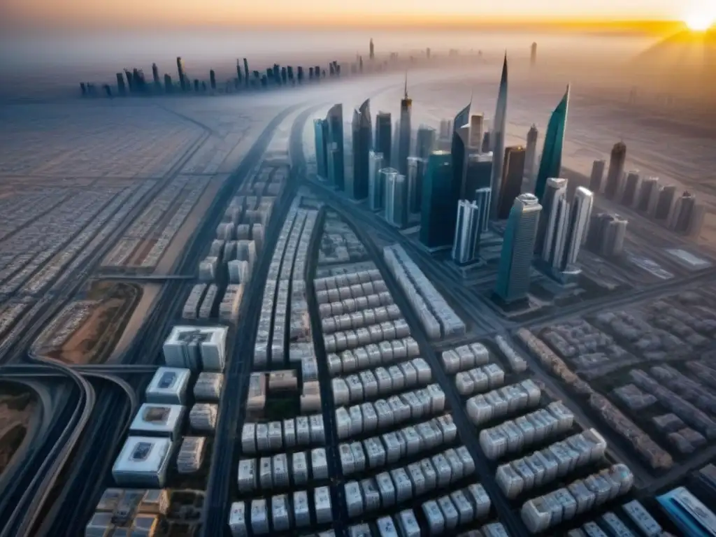 Vista aérea de una bulliciosa ciudad en Medio Oriente con rascacielos imponentes y moderna arquitectura, rodeada de dunas desérticas