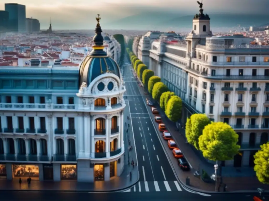Contraste urbano Madrid: historia y modernidad en la ciudad Vista aérea de Madrid: calles históricas y rascacielos modernos muestran el dinámico contraste urbano