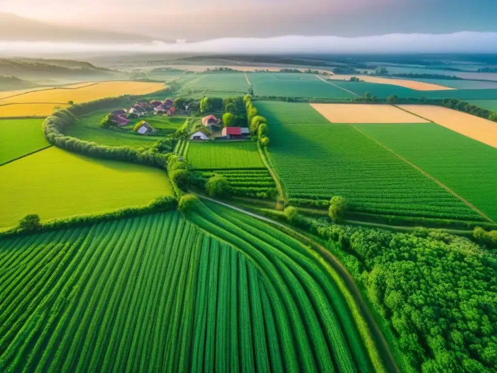 Belleza rural: campos verdes, casas y bancos modernos Vista aérea de campos verdes con casas rurales, caminos y un banco moderno