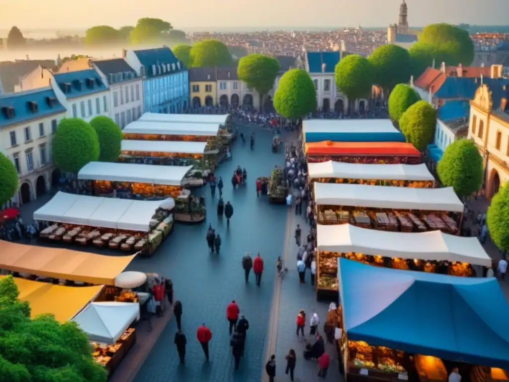 Centro histórico: arquitectura y vida urbana en verde Vista aérea de centro histórico con arquitectura preservada rodeada de vegetación, calles llenas de gente y puestos de mercado coloridos, bajo un cielo azul