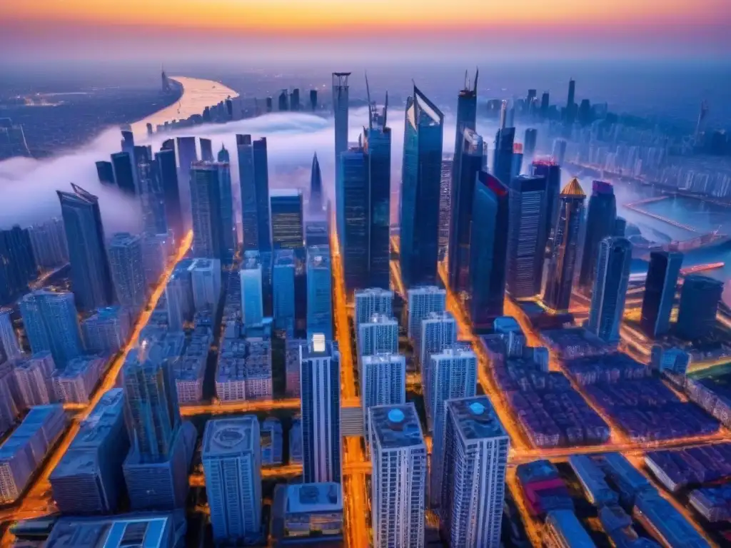 Horizonte urbano al atardecer: modernidad y prosperidad Vista aérea de una ciudad al atardecer con rascacielos modernos
