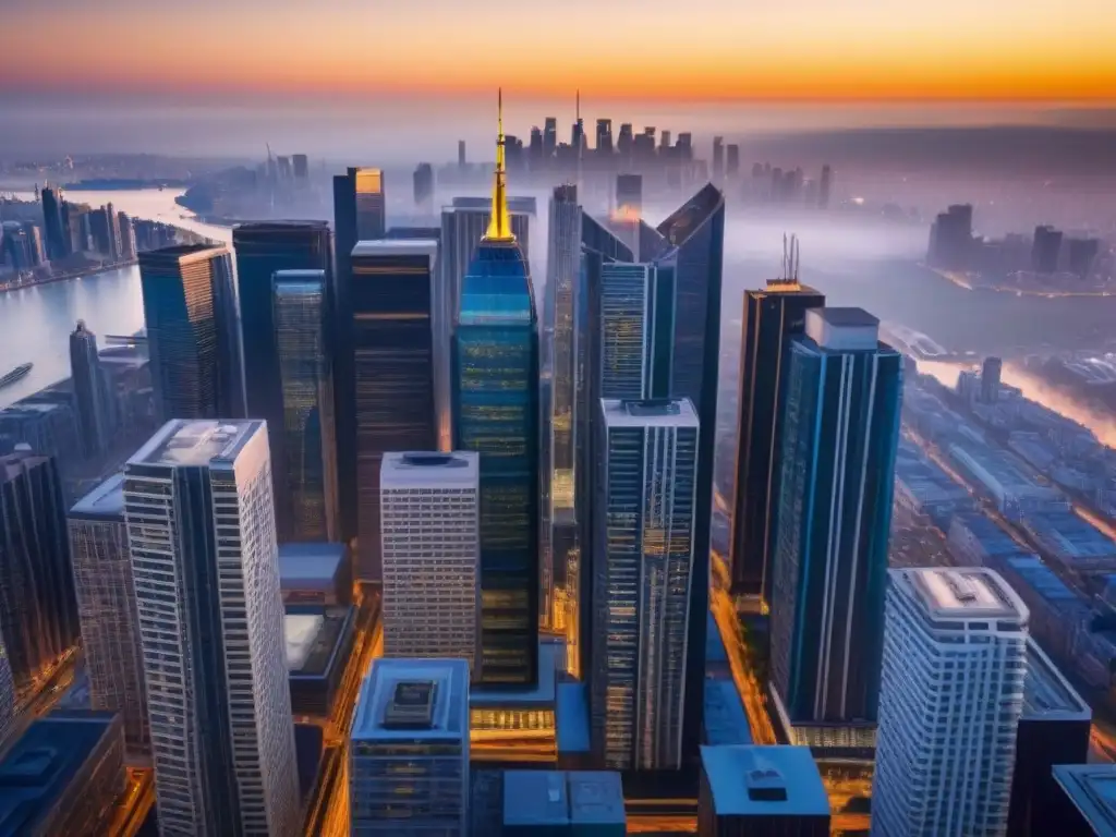 Horizonte urbano: evolución dinámica del mercado inmobiliario Vista aérea de una ciudad al atardecer, reflejando la evolución del mercado inmobiliario con crowdfunding