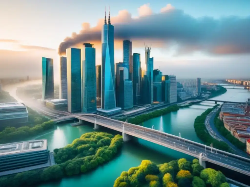 Metrópolis emergente: crecimiento y prosperidad en skyline moderno Vista aérea de una ciudad en auge en economía emergente, con rascacielos y diseño arquitectónico moderno