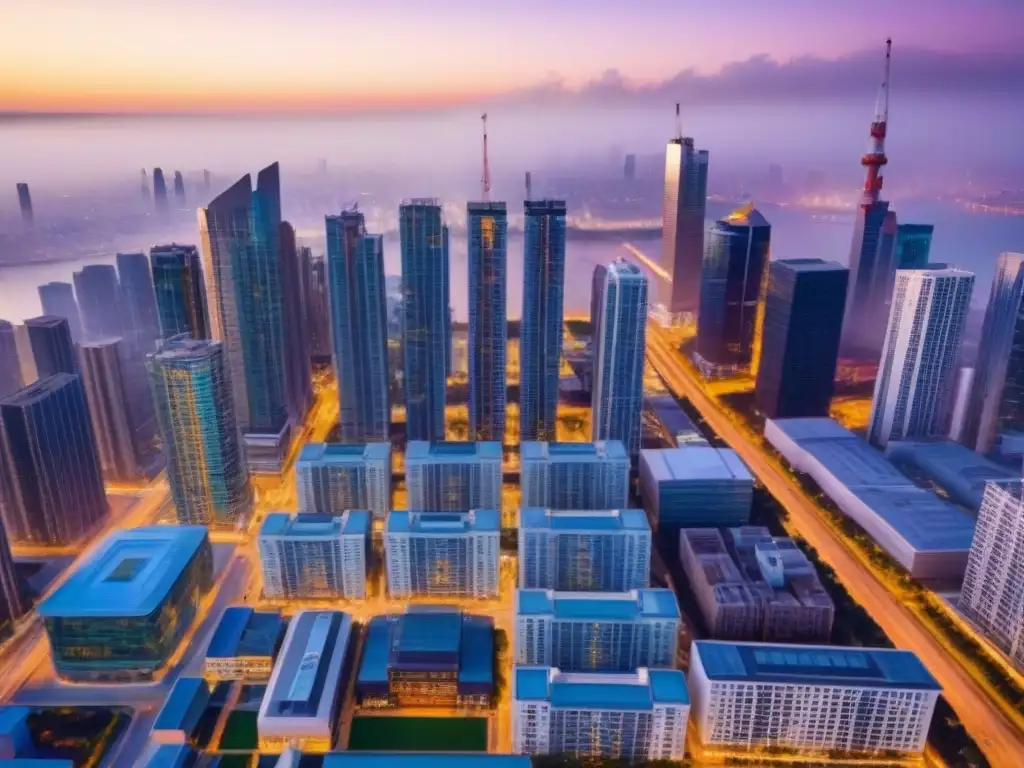 Vibrante mercado inmobiliario: ciudad en crecimiento Vista aérea de una ciudad en auge con rascacielos modernos y sitios de construcción, mostrando un mercado inmobiliario vibrante y en crecimiento