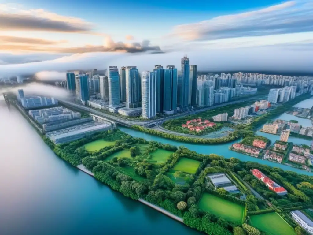 Metrópolis moderna: paisaje urbano diverso y vibrante Vista aérea de una ciudad bulliciosa con modernos rascacielos, mostrando un paisaje urbano diverso con edificios residenciales y comerciales entrelazados, rodeados de frondosos parques verdes y vibrantes vías fluviales azules, bajo un cielo azul claro con algunas n