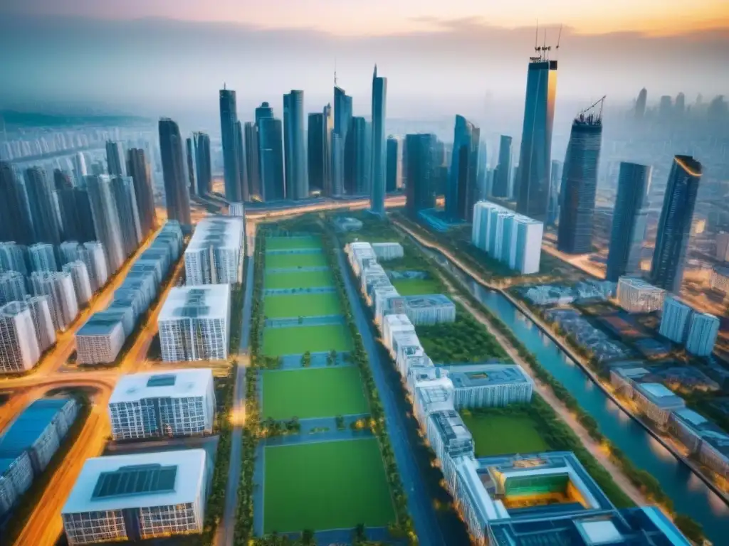 Metrópolis vibrante: arquitectura moderna y diversidad urbana Vista aérea de una ciudad bulliciosa con rascacielos y arquitectura moderna, reflejando las tendencias globales mercado inmobiliario regional