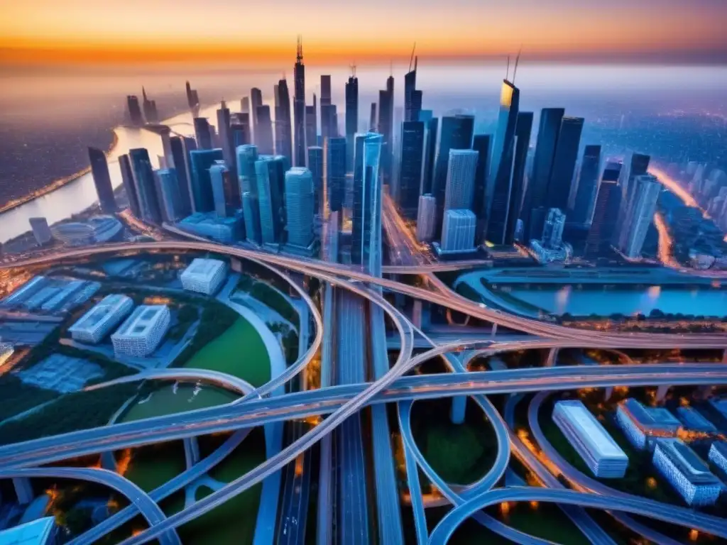 Metrópolis moderna: infraestructura urbana y crecimiento dinámico Vista aérea de una ciudad bulliciosa con moderna infraestructura urbana, resaltando la importancia de la infraestructura en valoración inmobiliaria
