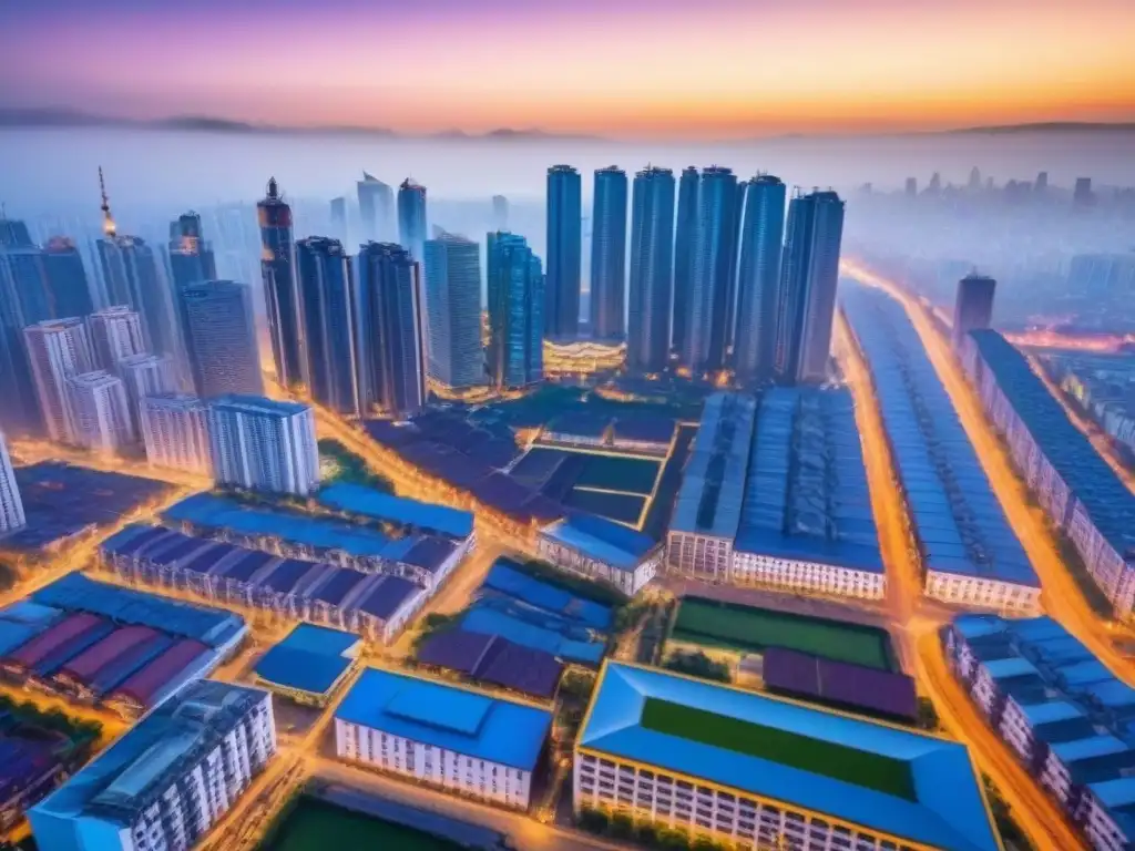 Cityscape vibrante: arquitectura tradicional y rascacielos en desarrollo Vista aérea de una ciudad bulliciosa en un país en desarrollo, simbolizando beneficios de inversión inmobiliaria en países en desarrollo