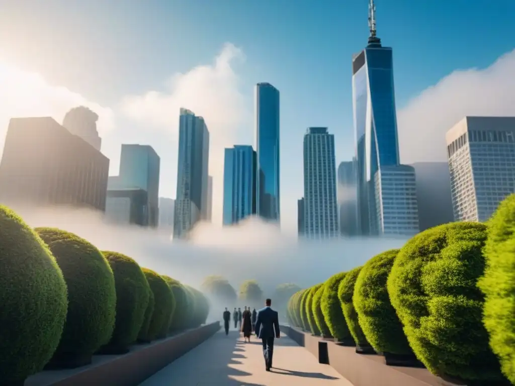 Metrópolis vibrante: contraste entre distrito financiero y parque sereno Vista aérea de una ciudad bulliciosa con rascacielos, reflejando luz en calles con profesionales en trajes, y un parque sereno al fondo