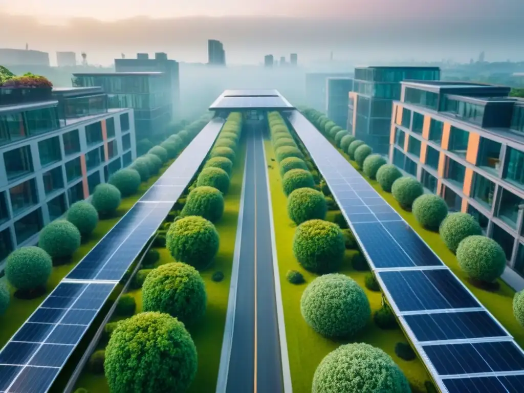 Metrópolis sostenible: ciudad futurista integrada con la naturaleza Vista aérea de una ciudad bulliciosa con edificaciones sostenibles y diseño innovador, rodeada de vegetación exuberante