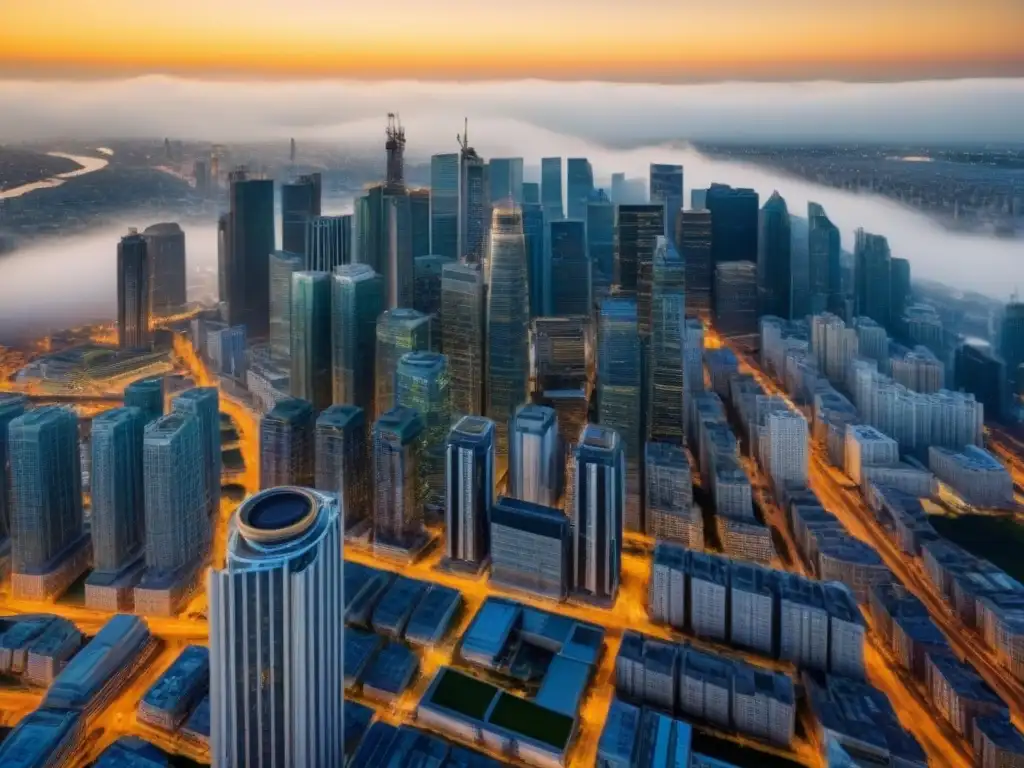 Desarrollo urbano: cielo de rascacielos en préstamos premium Vista aérea de una ciudad bulliciosa con rascacielos modernos y sitios de construcción, simbolizando el crecimiento y desarrollo en el mundo de los préstamos premium para megaproyectos
