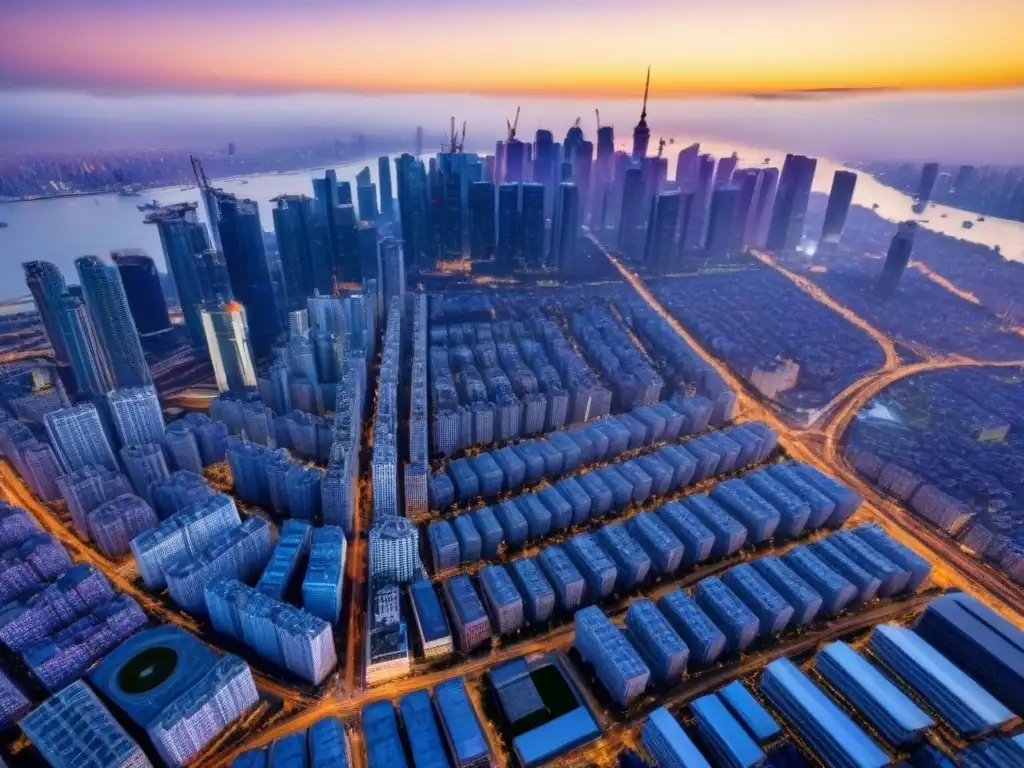 Vibrante ciudad moderna con rascacielos y obras en construcción Vista aérea de una ciudad bulliciosa con rascacielos imponentes y grúas de construcción al fondo, mostrando la magnitud de proyectos inmobiliarios monumentales