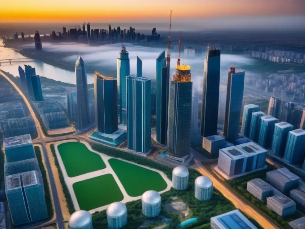 Metrópolis en crecimiento: paisaje urbano moderno y dinámico Vista aérea de una ciudad bulliciosa con rascacielos y obras en construcción, simbolizando beneficios inversión proyectos inmobiliarios