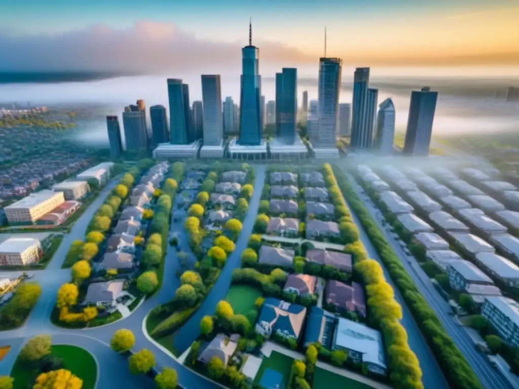 Diversidad urbana: Impacto de la ubicación en el valor de la propiedad Vista aérea de una ciudad bulliciosa con diversidad arquitectónica y áreas verdes