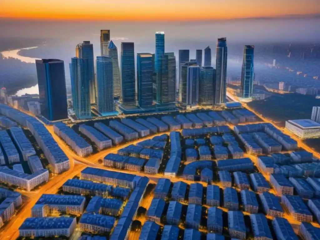 Panorama urbano: real estate dinámico en ciudad vibrante Vista aérea de una ciudad bulliciosa con variedad de propiedades inmobiliarias, simbolizando la dinámica mercado inmobiliario regional