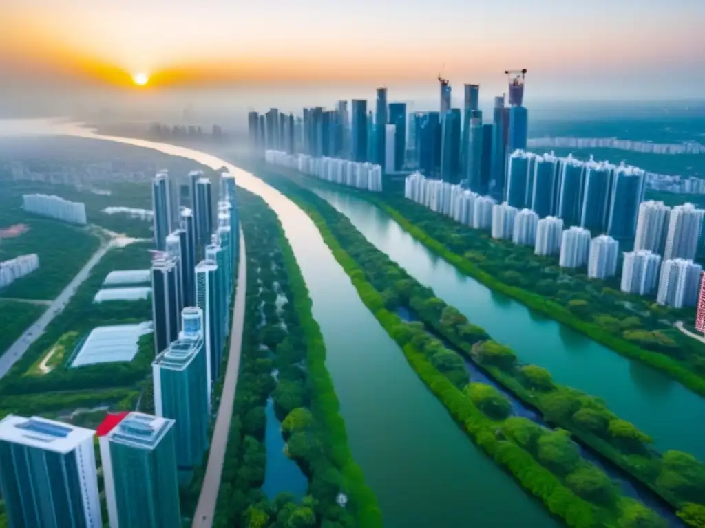 Horizonte urbano y natural en crecimiento en 2023 Vista aérea de una ciudad bulliciosa con rascacielos modernos y parques verdes, reflejando el potencial de inversiones inmobiliarias en 2023