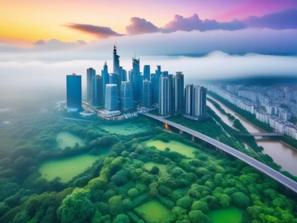Contraste urbano-natural en ciudad en crecimiento Vista aérea de ciudad bulliciosa con rascacielos y vegetación exuberante, reflejando la dualidad entre desarrollo urbano y paisajes naturales en zona de rápido crecimiento demográfico