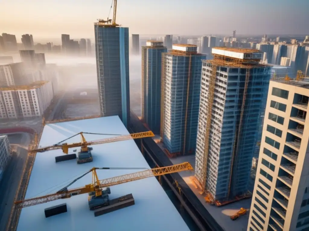 Desarrollo urbano: modernidad en construcción Vista aérea de una ciudad en construcción con grúas y trabajadores, reflejando colaboración en proyectos inmobiliarios