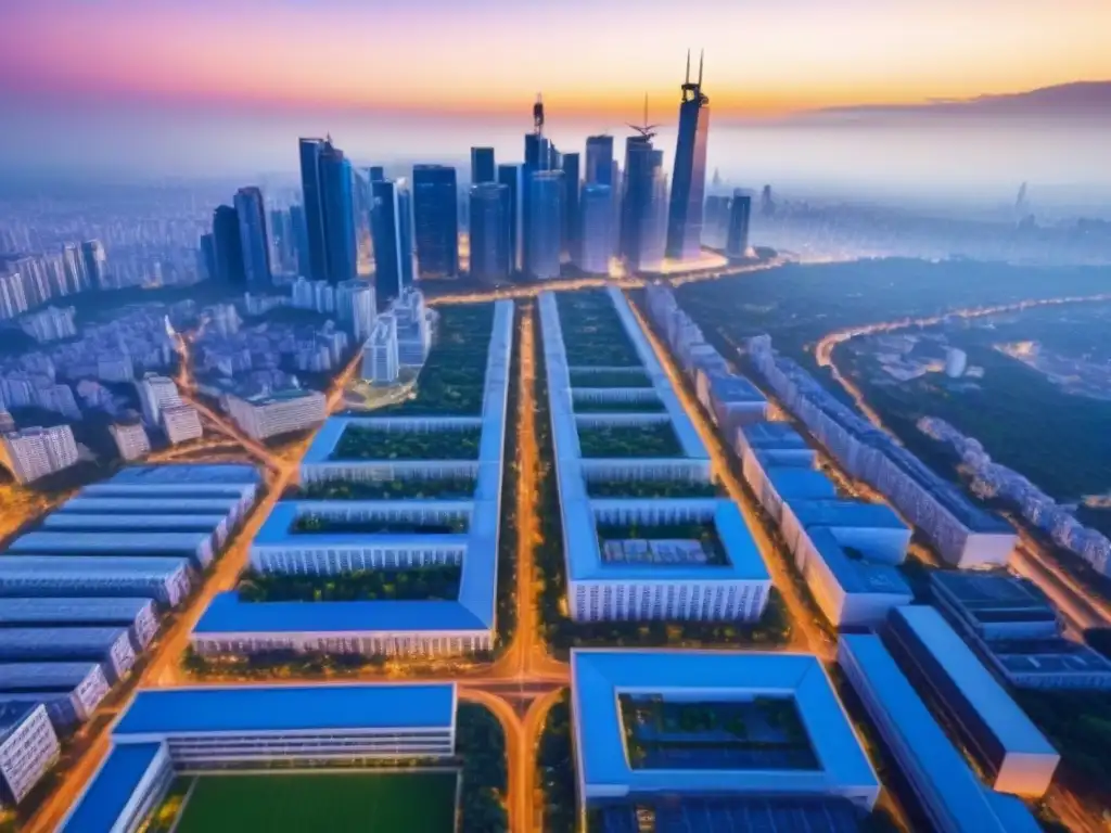 Skyline iluminado: auge económico en ciudades emergentes Vista aérea de una ciudad en crecimiento al atardecer, con rascacielos iluminados y vegetación exuberante