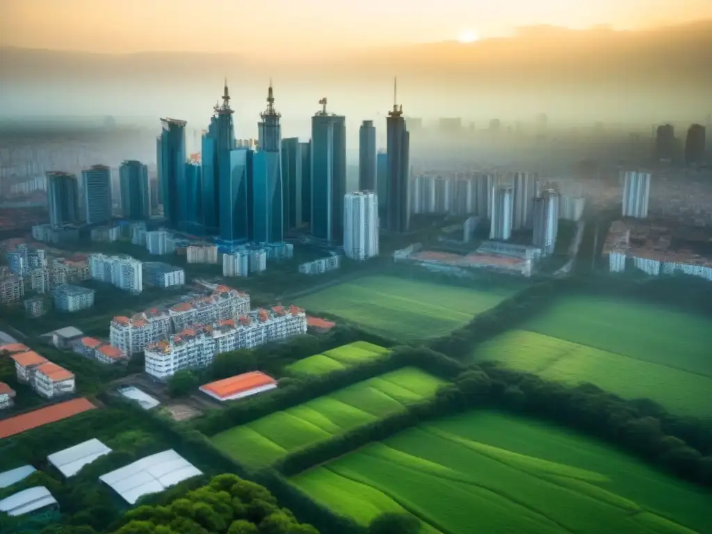 Desarrollo urbano: ciudad emergente con rascacielos y naturaleza Vista aérea de una ciudad en crecimiento, reflejando el dinamismo del mercado inmobiliario en mercados emergentes