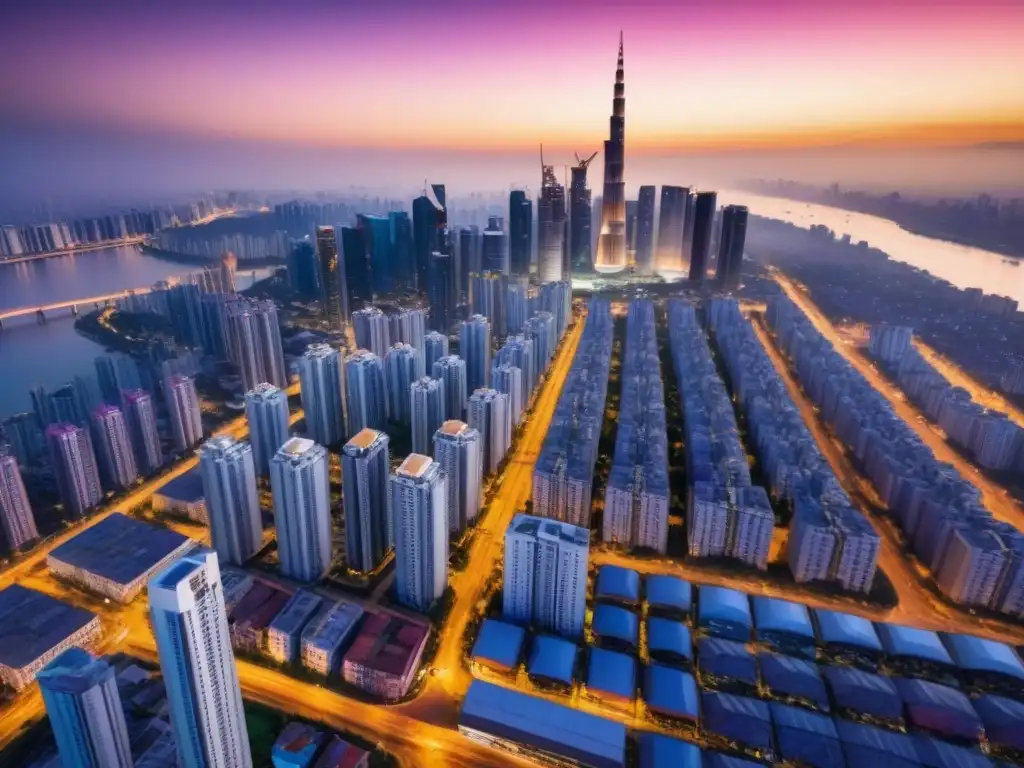 Metrópolis en crecimiento: oportunidades de inversión inmobiliaria en mercados emergentes Vista aérea de ciudad en crecimiento con contrastes arquitectónicos