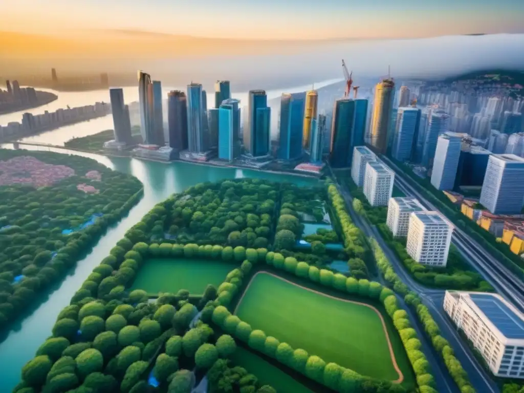 Vista aérea de una ciudad en crecimiento con rascacielos modernos y edificios históricos, parques verdes y zonas costeras vibrantes
