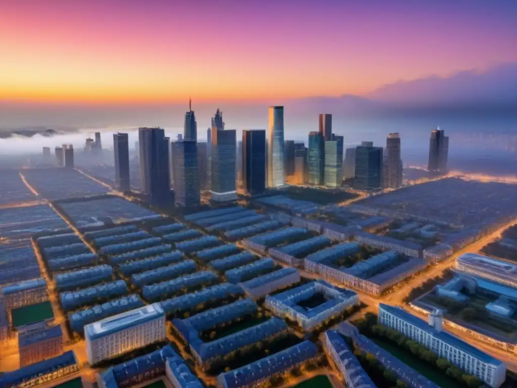 Inversión inmobiliaria: paisaje urbano al atardecer Vista aérea de una ciudad dinámica al atardecer, resaltando la importancia de tasaciones inmobiliarias