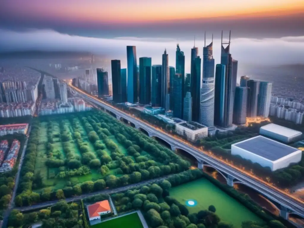 Metrópolis urbana: real estate y desarrollo inmobiliario en la ciudad Vista aérea de una ciudad dinámica con rascacielos y edificios residenciales, resaltando la importancia de las tasaciones en la inversión inmobiliaria