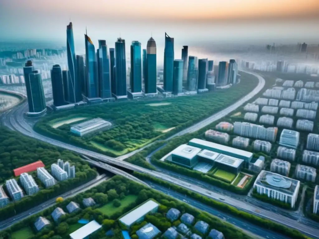 Metropolis financiera: Integración de servicios en bienes raíces Vista aérea de ciudad dinámica con rascacielos modernos, simbolizando la valorización de propiedades y financiamiento inmobiliario