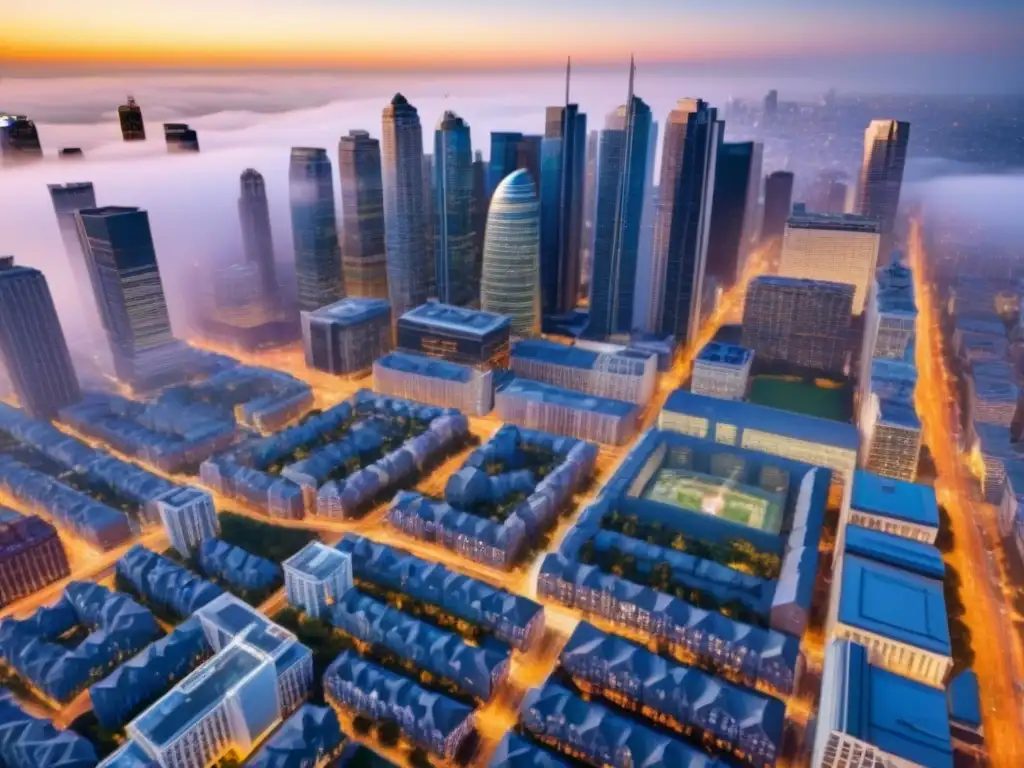 Panorama urbano: inversión inmobiliaria en ciudad dinámica Vista aérea de ciudad dinámica con rascacielos modernos y edificios históricos, reflejando oportunidades inversión inmobiliaria portafolio